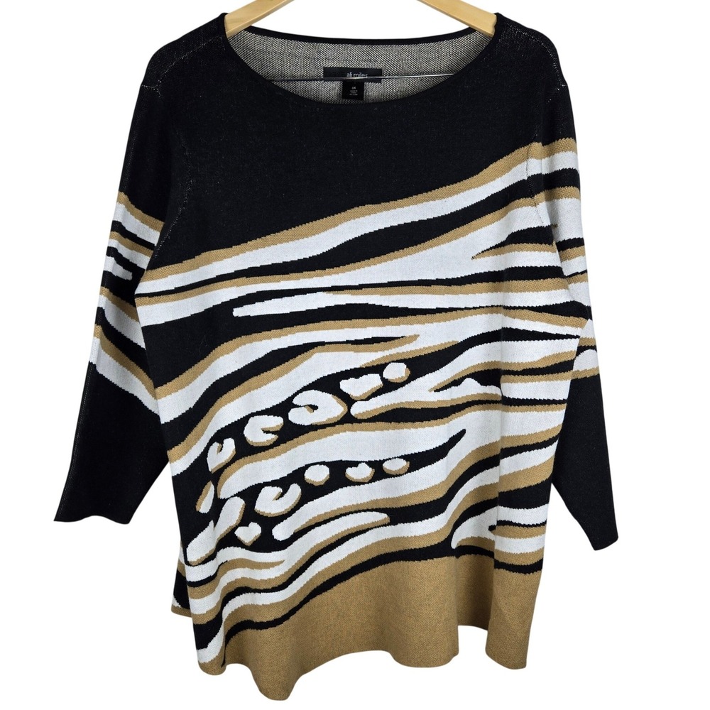 Ali Miles Womens 0X Sweater Black Gold White Abstract Animal Print Knit Top